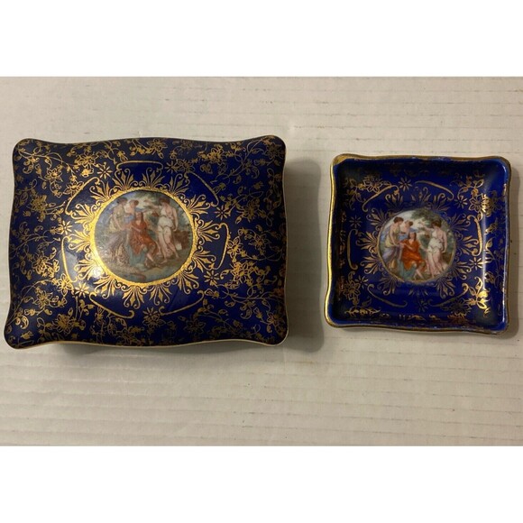 VTG Hand Painted Trinket Box & Tray By M&R . Navy & Gold. Victorian Design - Picture 1 of 7